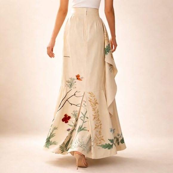 Johanna Ortiz Cream Floral Embroidered Botanical Maxi Skirt Art-inspired Luxury - Picture 4 of 17